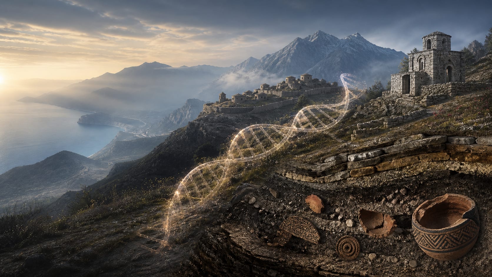 Albanian mountain landscape with archaeological layers and a conceptual DNA helix