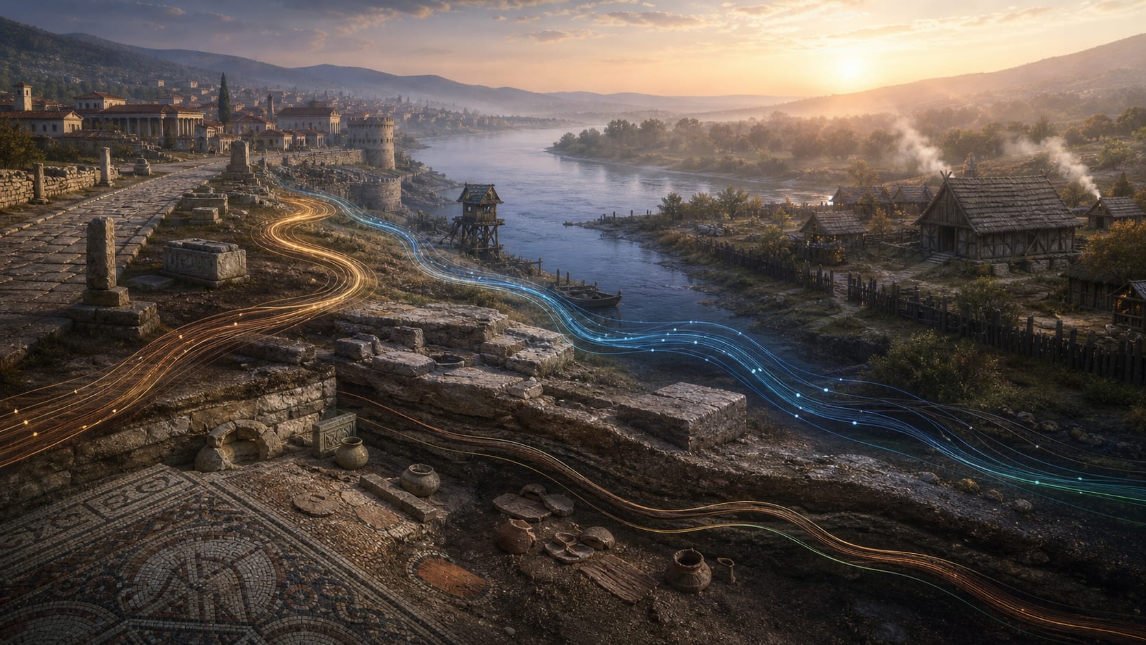 Roman ruins and an Early Medieval Balkan settlement connected by archaeological layers and a conceptual DNA strand