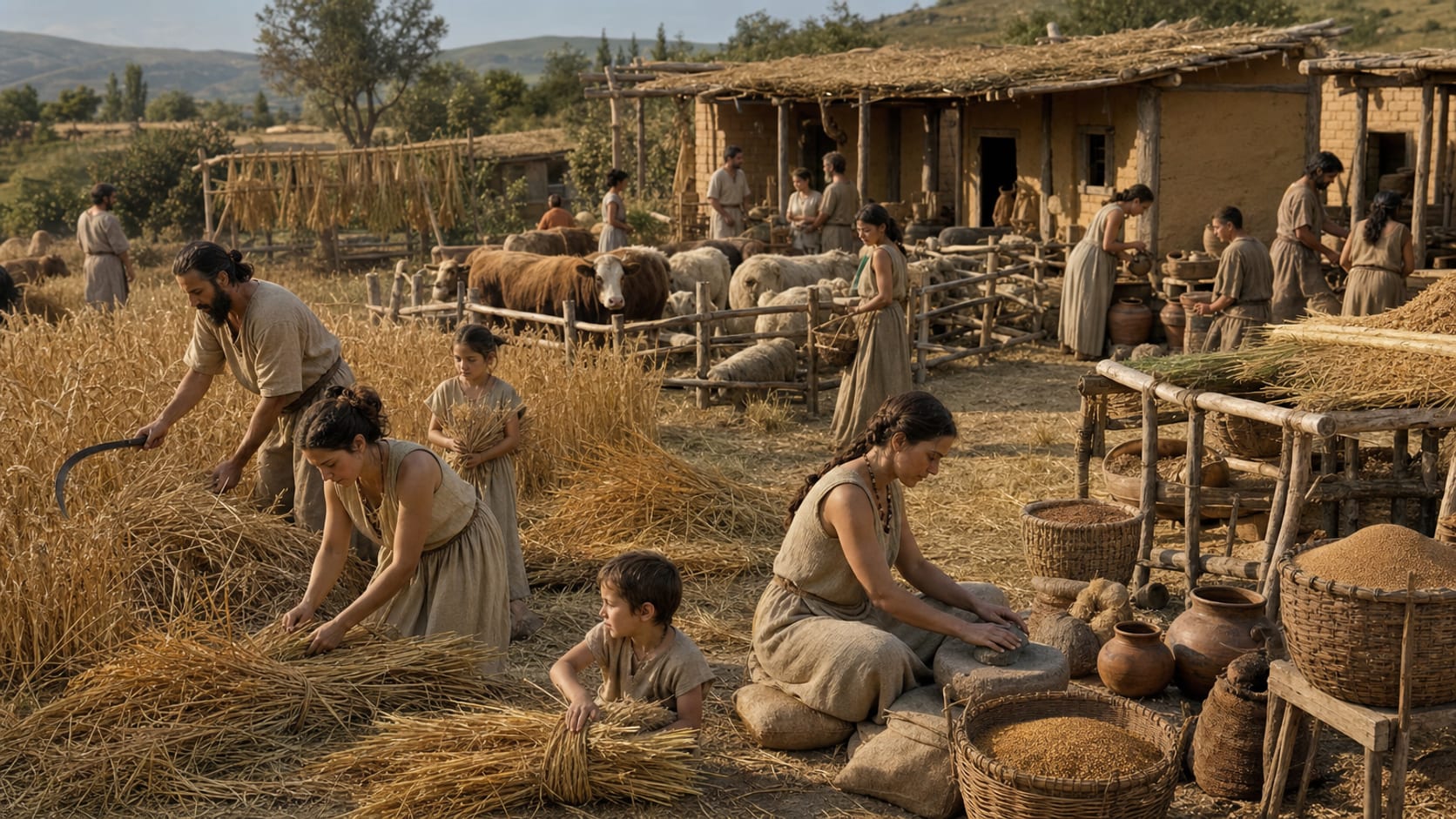 Realistic reconstruction of an early farming settlement with people harvesting grain, herding cattle and grinding flour beside mudbrick houses