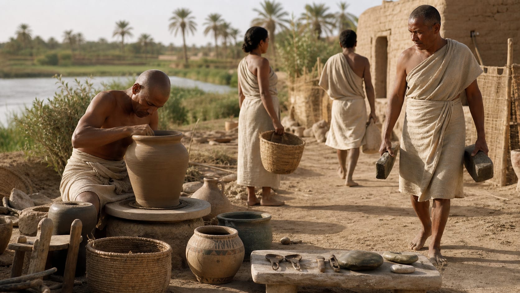 Realistic Old Kingdom Egyptian craftspeople beside pottery and tools in a Nile Valley settlement