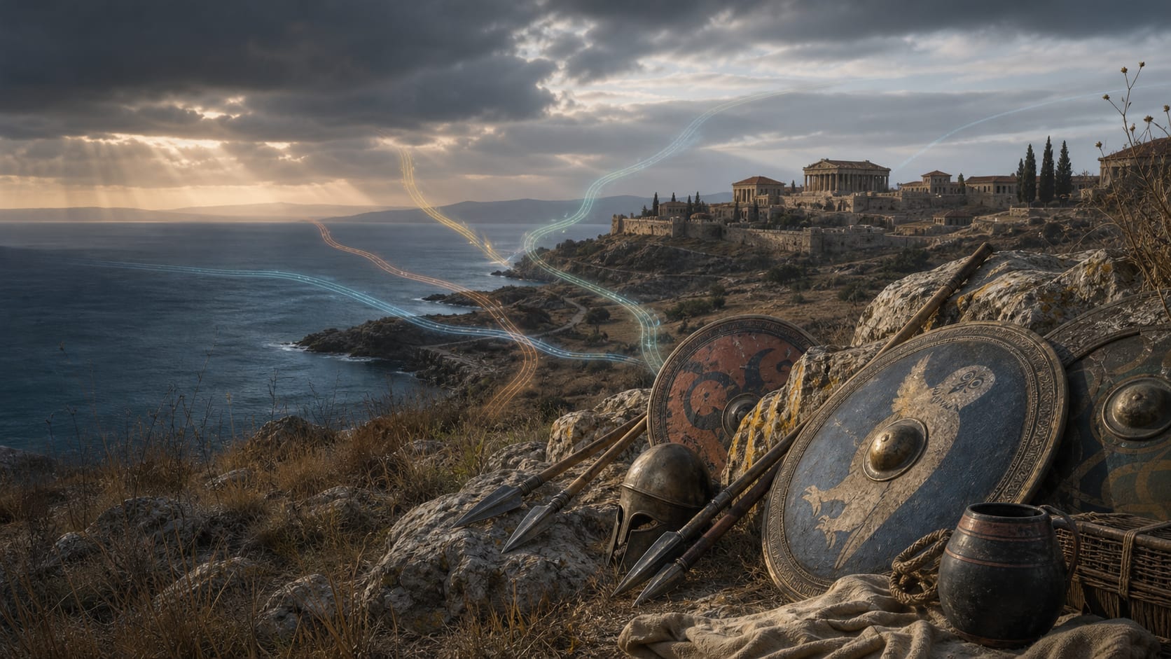 Ancient Himera on the Sicilian coast with symbolic routes converging beside Greek military equipment