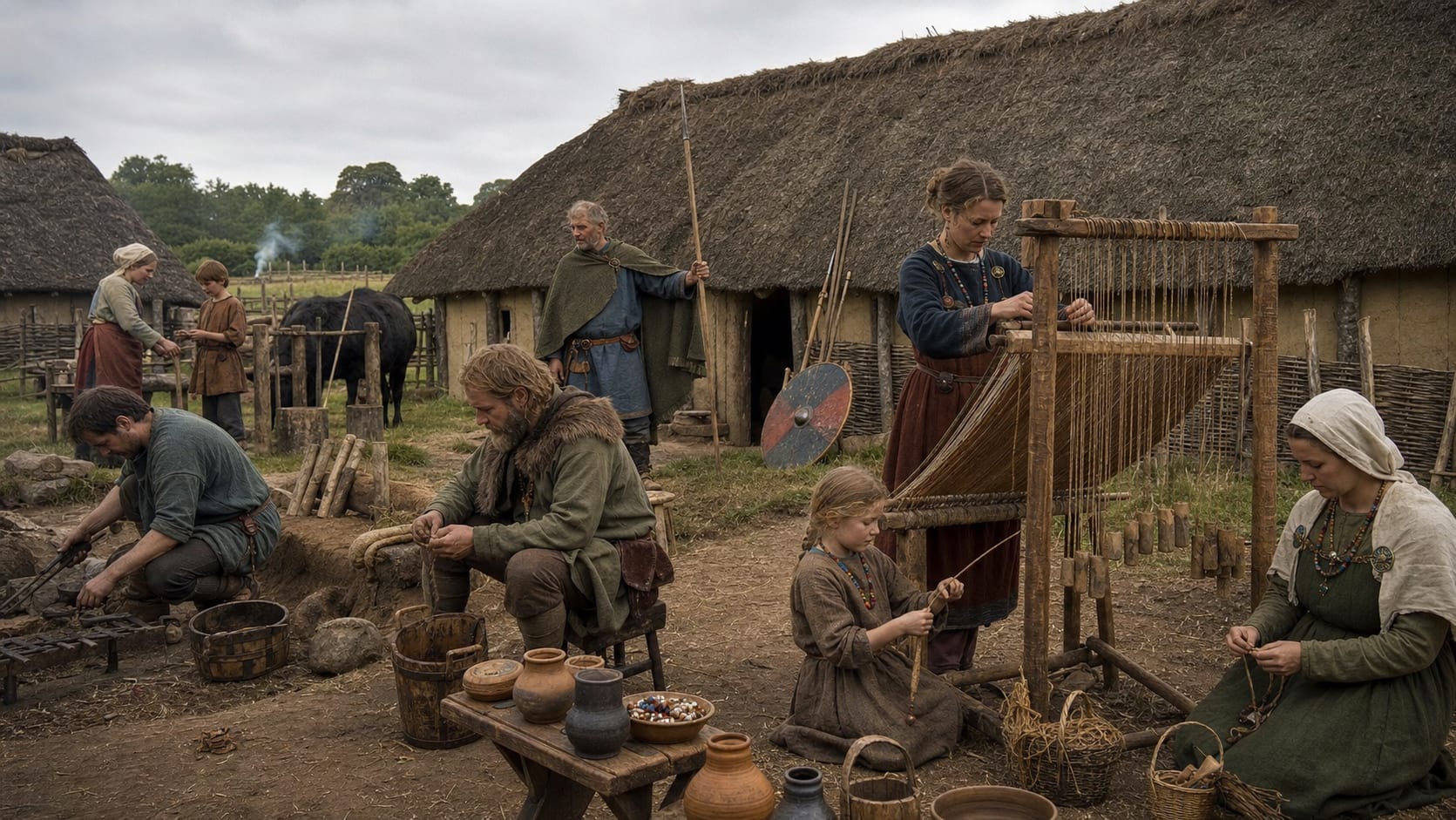 Realistic Early Medieval English coastal settlement with families, timber houses, brooches, pottery and tools