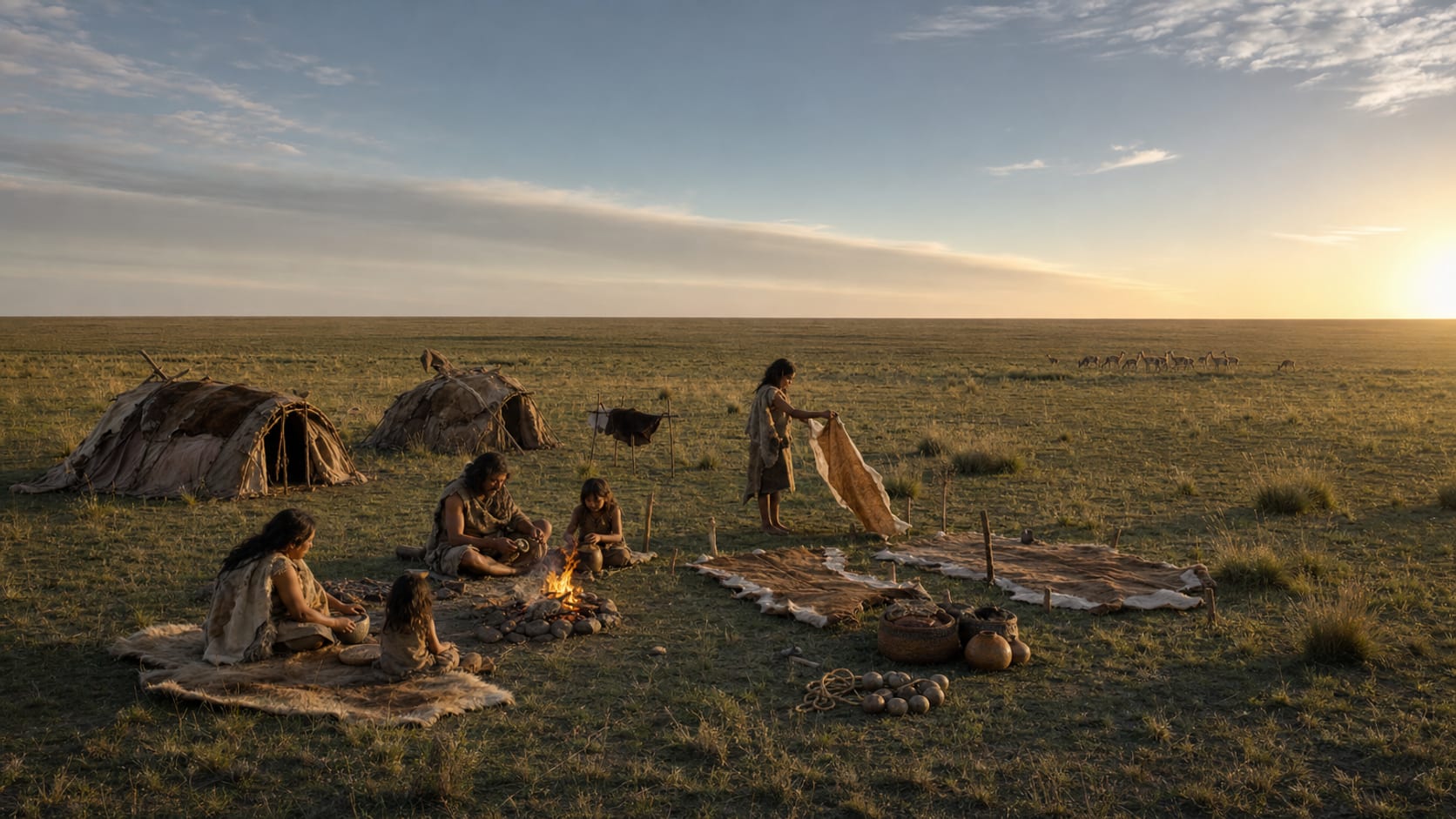 Realistic reconstruction of a Holocene camp on the Argentine Pampas with hide shelters, grinding stones, guanaco hides and people working under a wide sky
