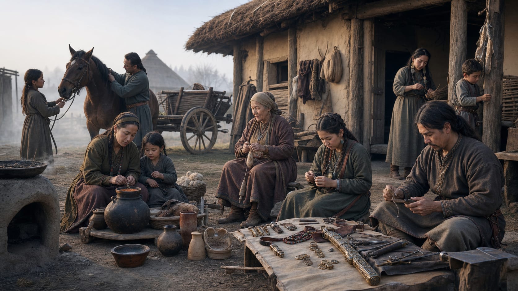 Realistic Avar-period family gathering in the Carpathian Basin with horse tack, decorated belts, pottery and a cemetery beyond