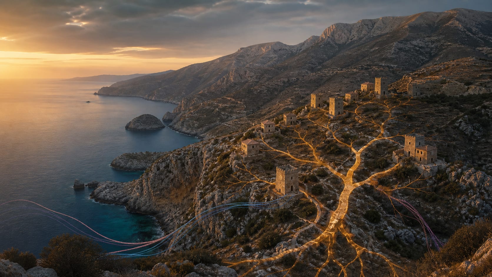 Rocky Deep Mani coastline and stone tower houses with a subtle conceptual DNA lineage motif