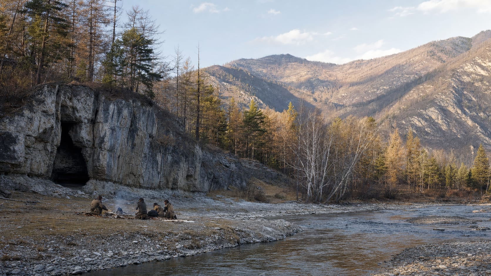 Realistic reconstruction of a Middle Pleistocene camp in the Altai foothills with people working hides, stone tools and a fire beside a river valley