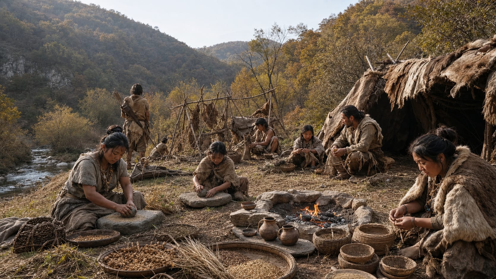 Realistic reconstruction of an early Holocene camp in the hills west of Beijing with grinding stones, pottery, hearths and people gathering plants