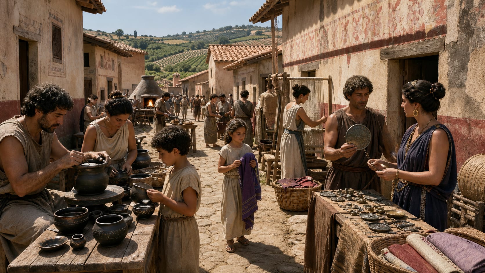 Realistic Etruscan townspeople in an artisan street with bucchero pottery, bronze mirrors, textiles and tools