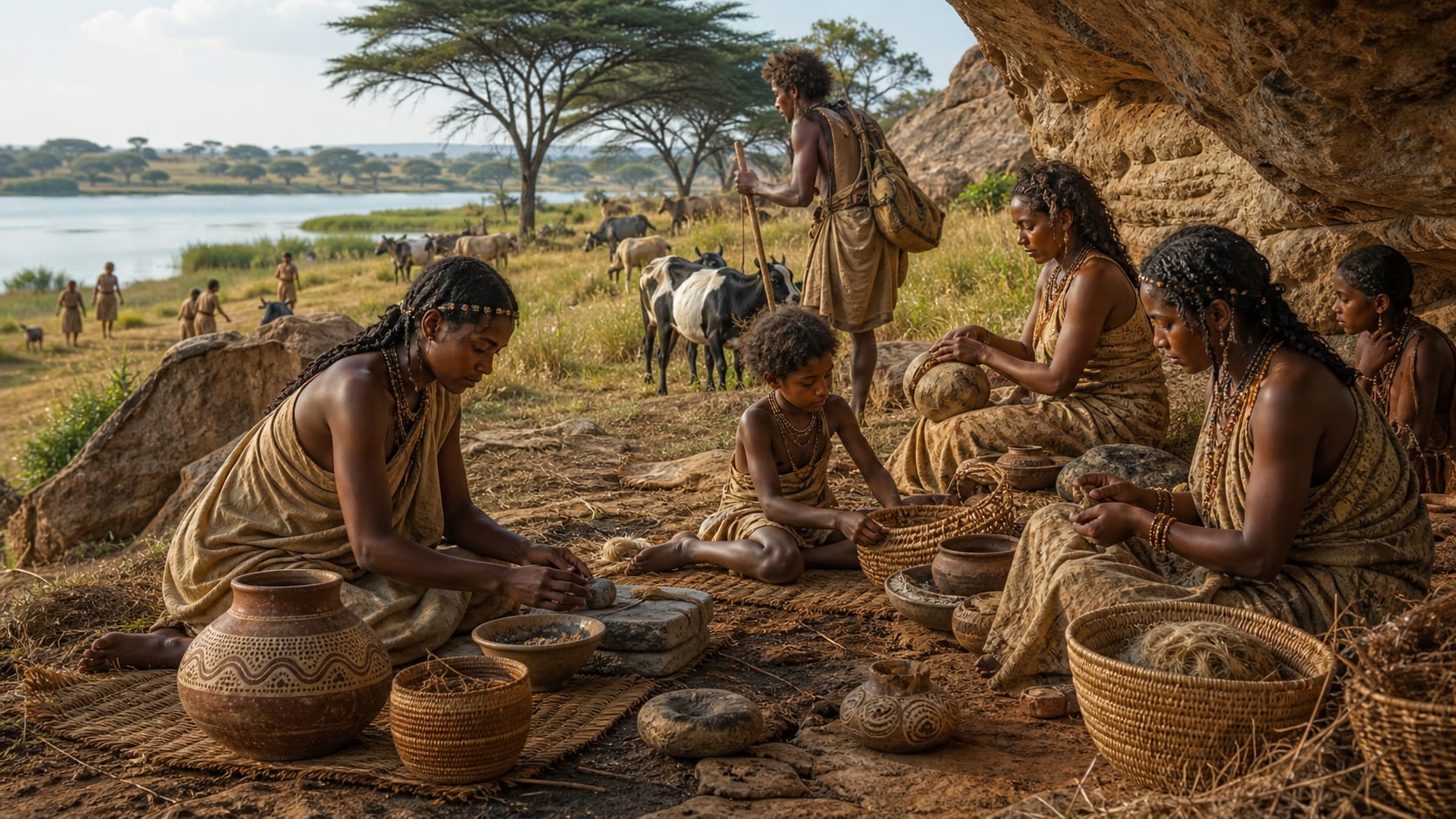Realistic Green Sahara pastoralists with cattle, woven baskets and pottery beside lakes and grassland
