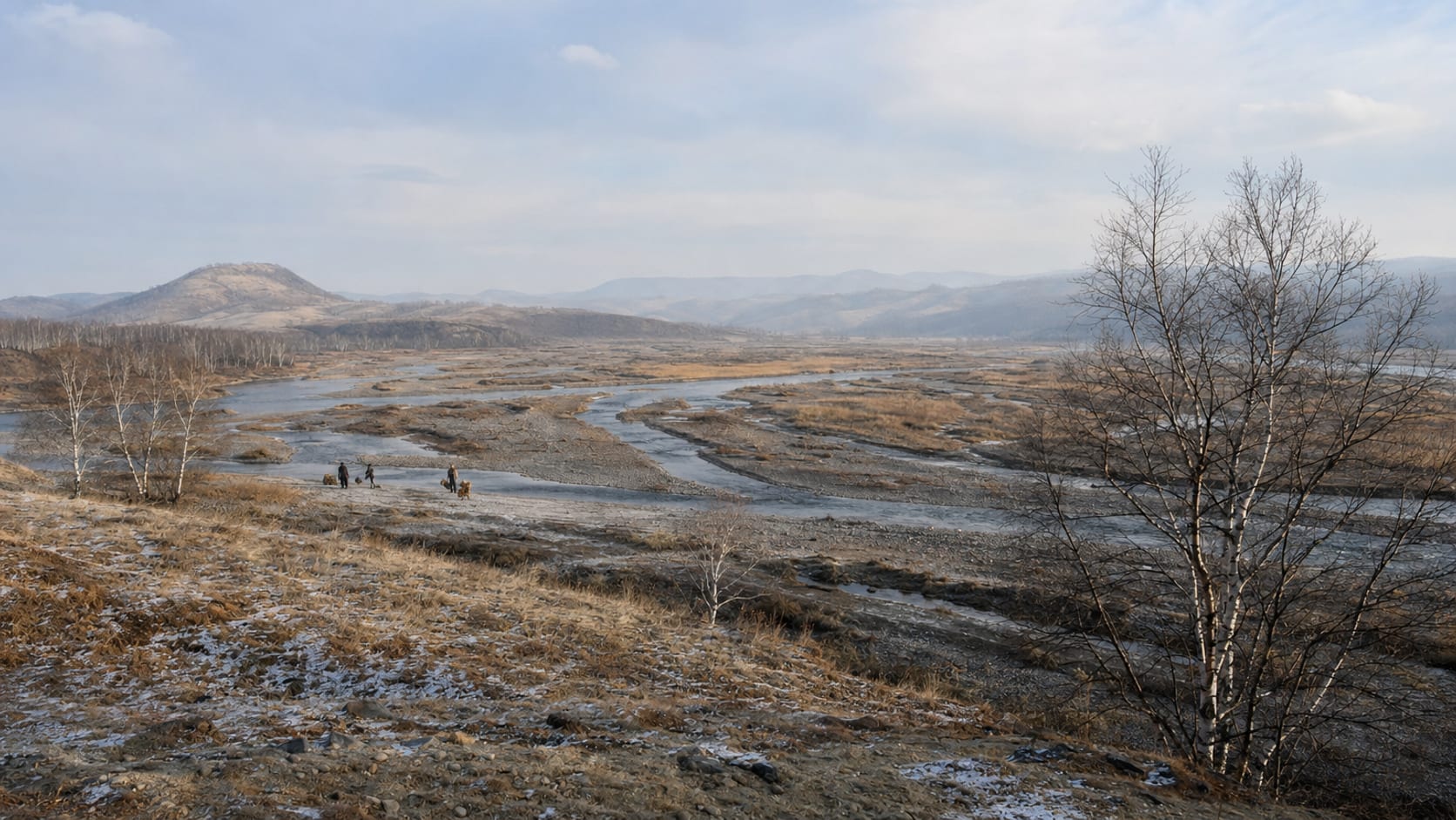 Realistic reconstruction of a Middle Pleistocene river landscape in northeastern China with a small group of people at the water's edge under a cold sky