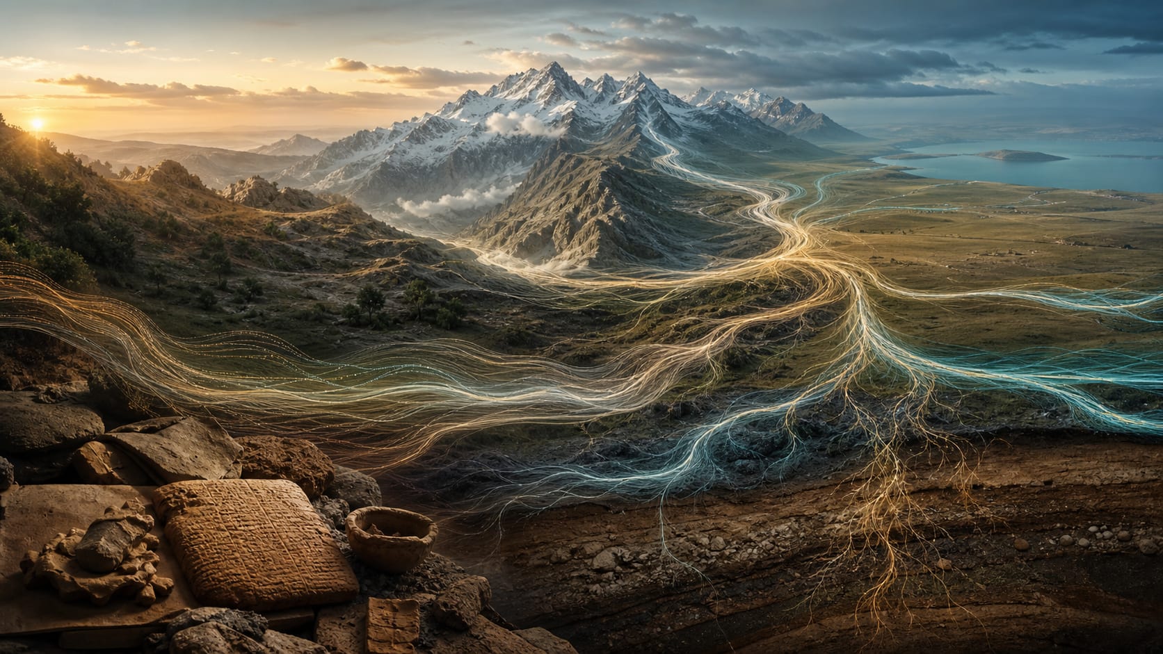 Conceptual Eurasian landscape from the Caucasus foothills to the steppe with branching light representing language divergence