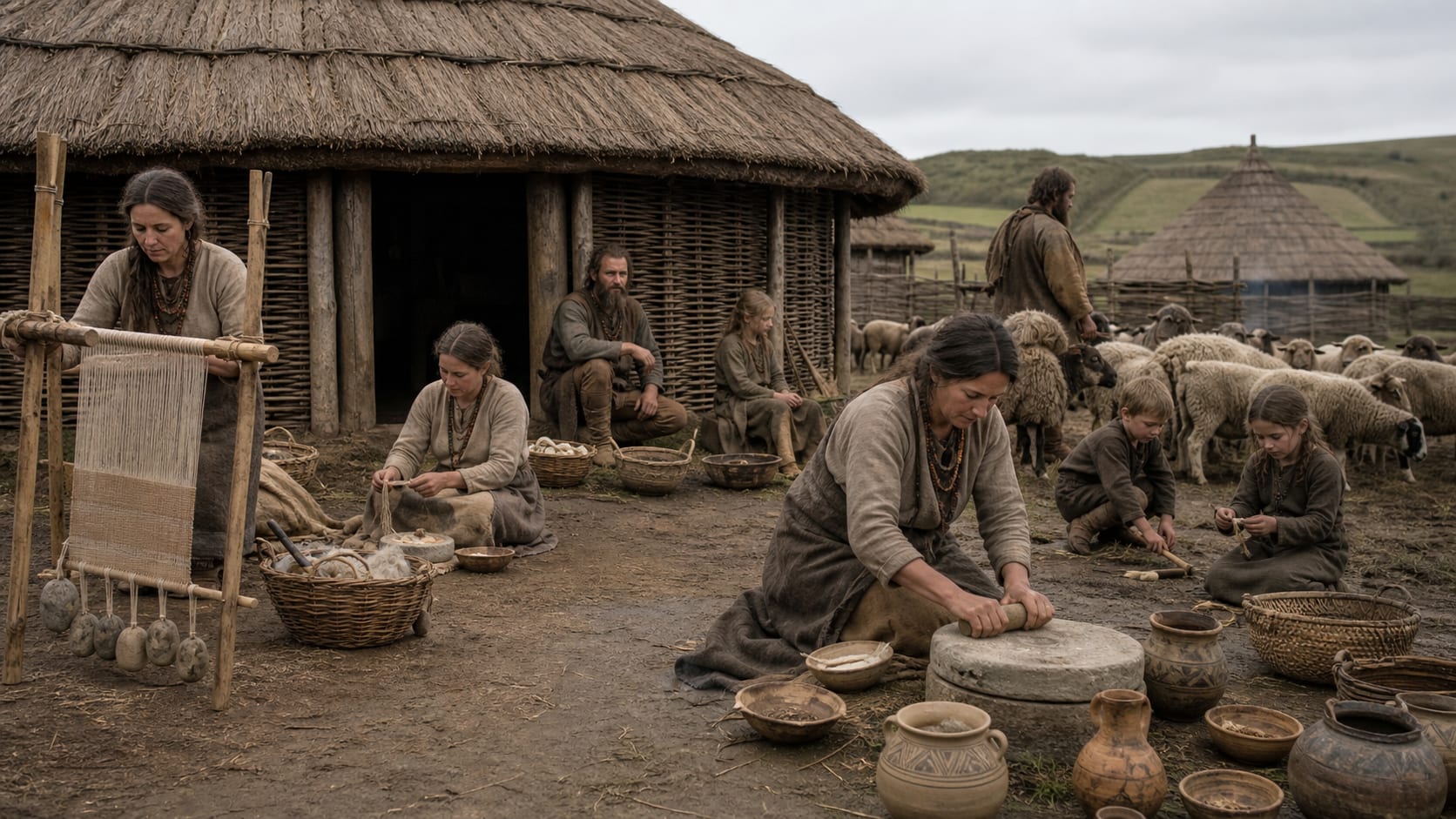 Realistic Iron Age British coastal community with women, men, roundhouses, pottery and metal artifacts