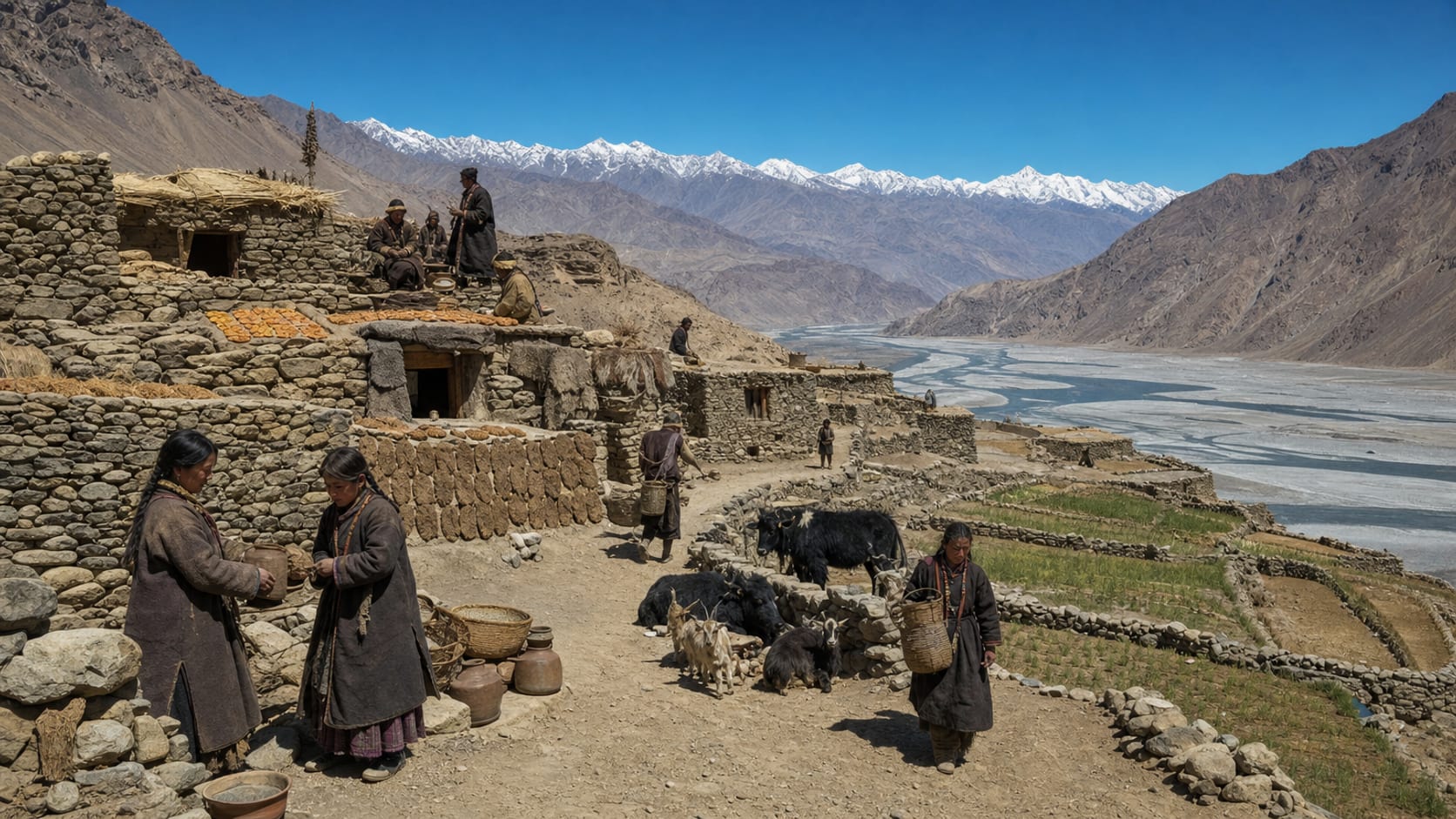 Realistic reconstruction of a high-altitude Himalayan settlement in Ladakh with stone dwellings, barley terraces, yaks and people in woollen clothing
