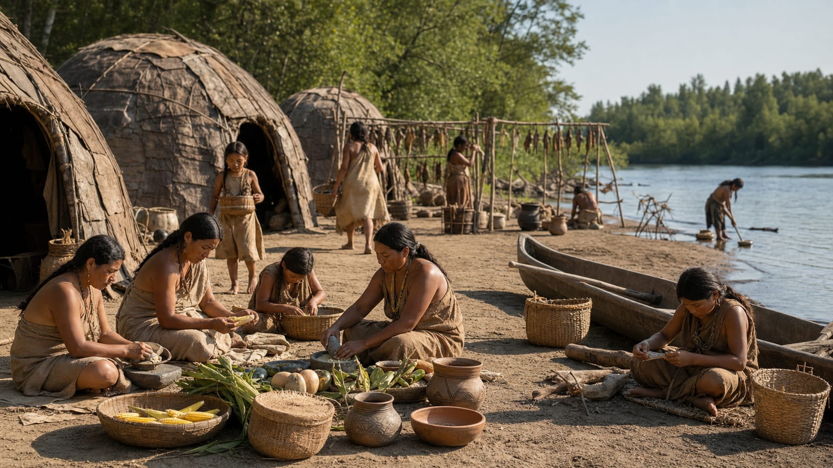 Realistic reconstruction of a pre-contact community in the Americas with woven baskets, hide shelters, ceramic vessels and people working beside a river
