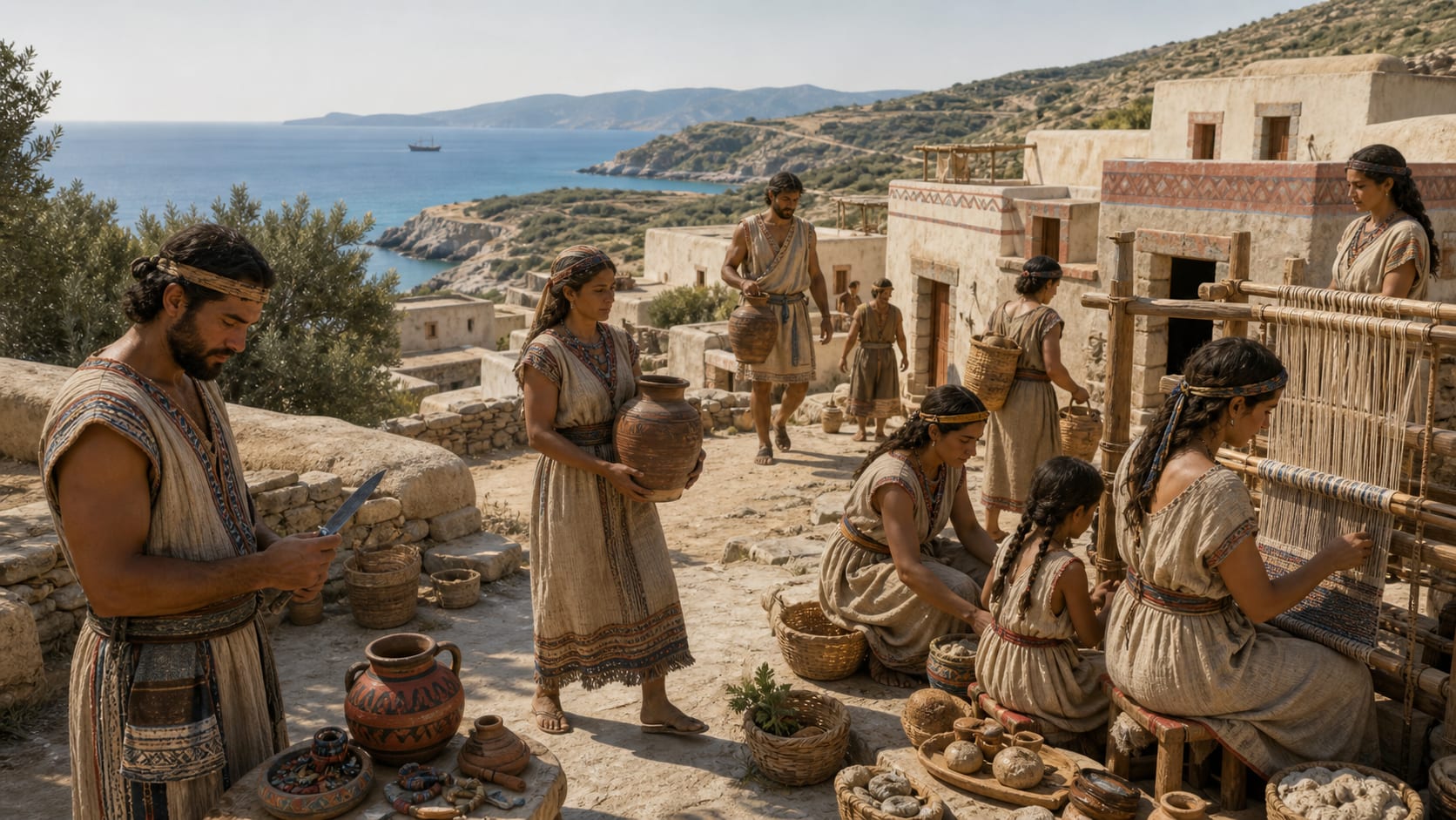 Realistic Bronze Age Aegean families at a coastal settlement with pottery, looms and painted artifacts