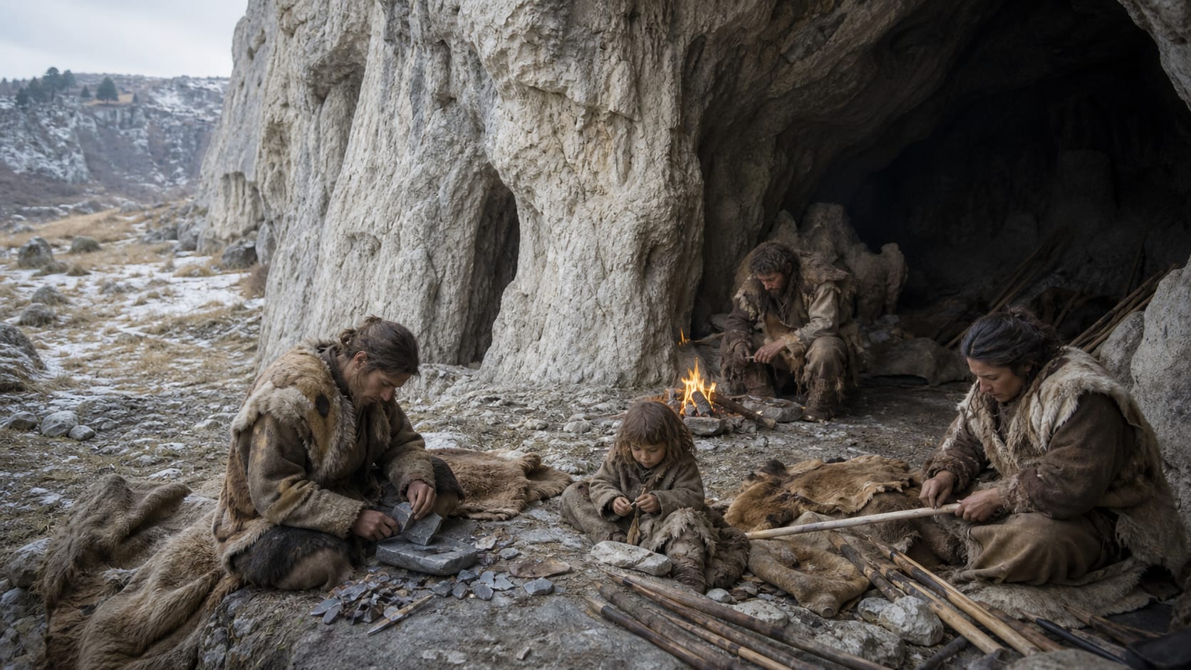 Realistic Ice Age modern human family sheltering near Ranis Cave with stone tools, hides and a small fire