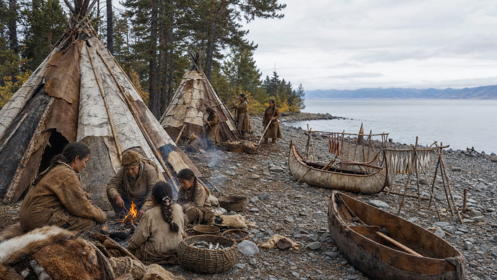 Realistic reconstruction of a Neolithic hunter-gatherer camp on the shore of Lake Baikal with birch-bark shelters, fishing nets and people around a fire