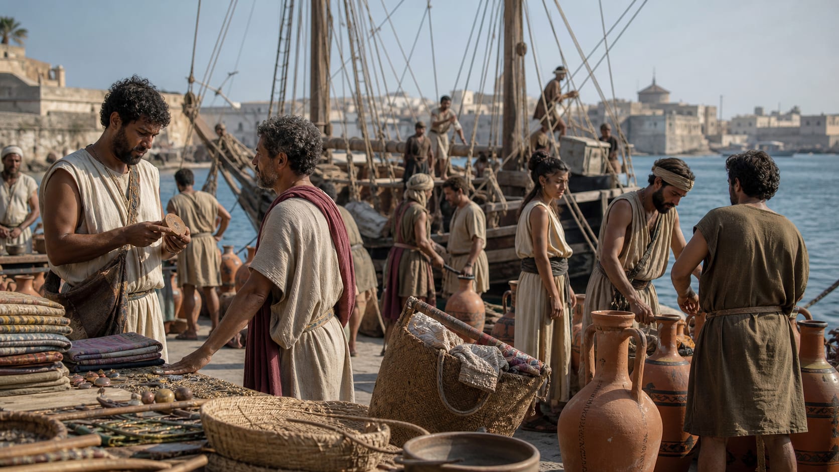 Realistic Punic harbor with Mediterranean sailors, merchants, amphorae and carved Phoenician artifacts