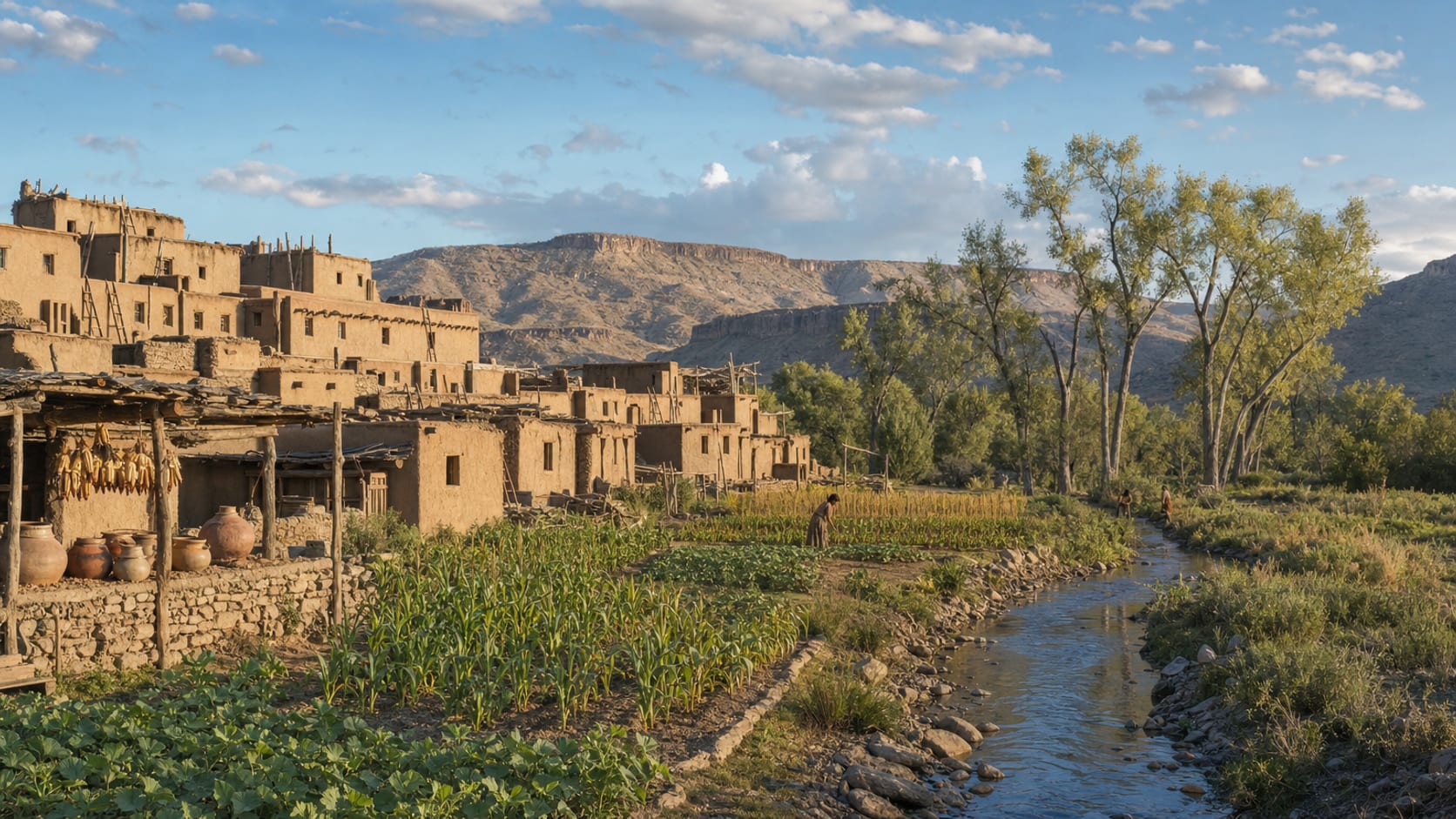 Realistic reconstruction of a Northern Rio Grande pueblo with adobe buildings, maize fields, ladders and people working in late afternoon light