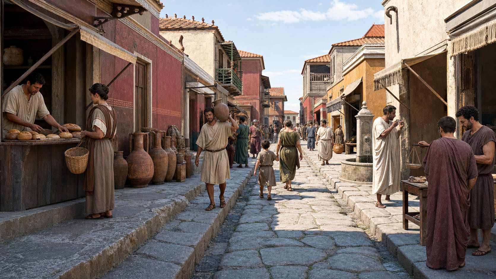 Realistic reconstruction of a Roman street in Pompeii with frescoed walls, amphorae, a bakery counter and people going about daily business