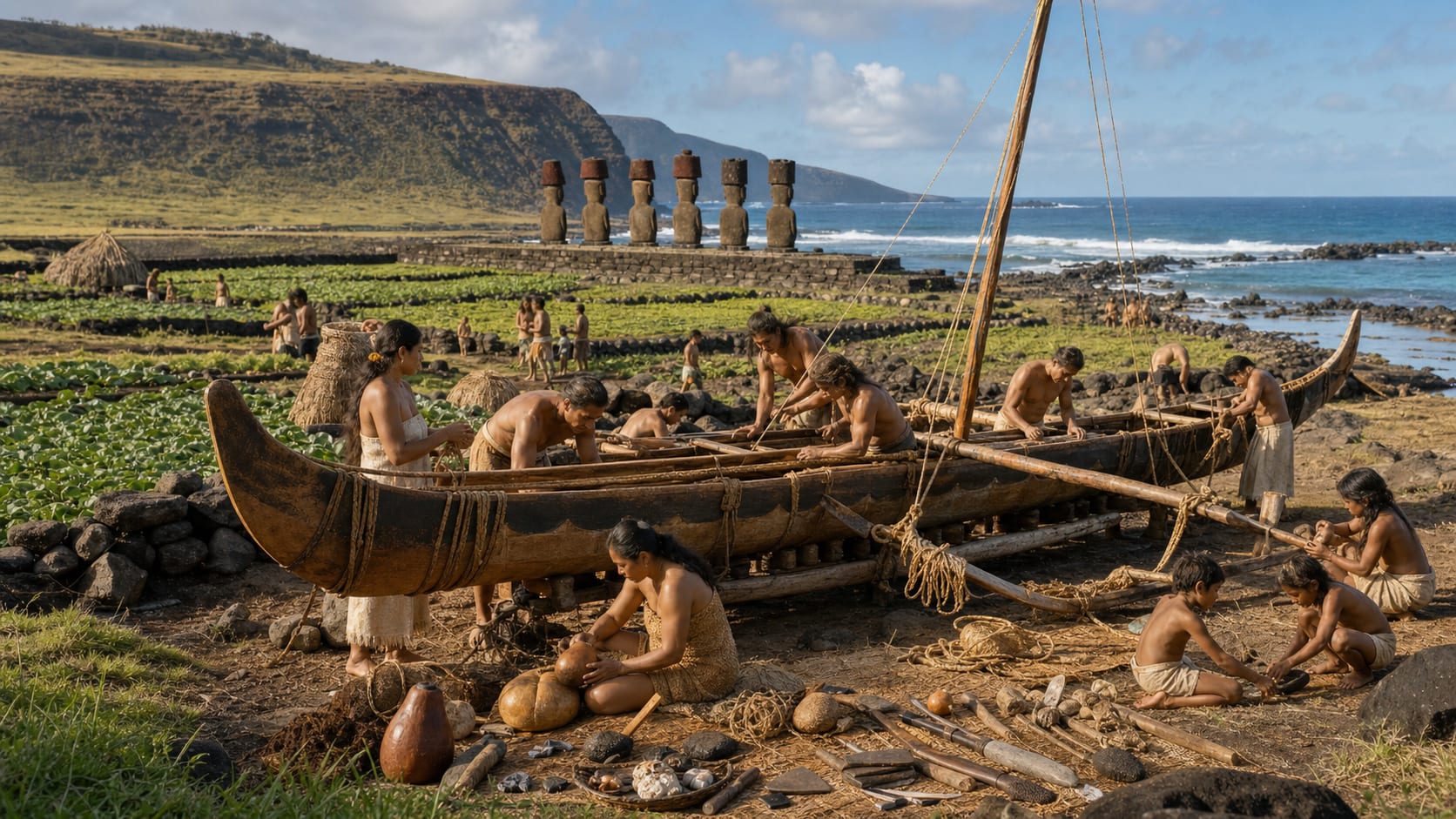 Realistic Rapanui community building a Polynesian canoe near gardens, fishing gear and moai on Rapa Nui