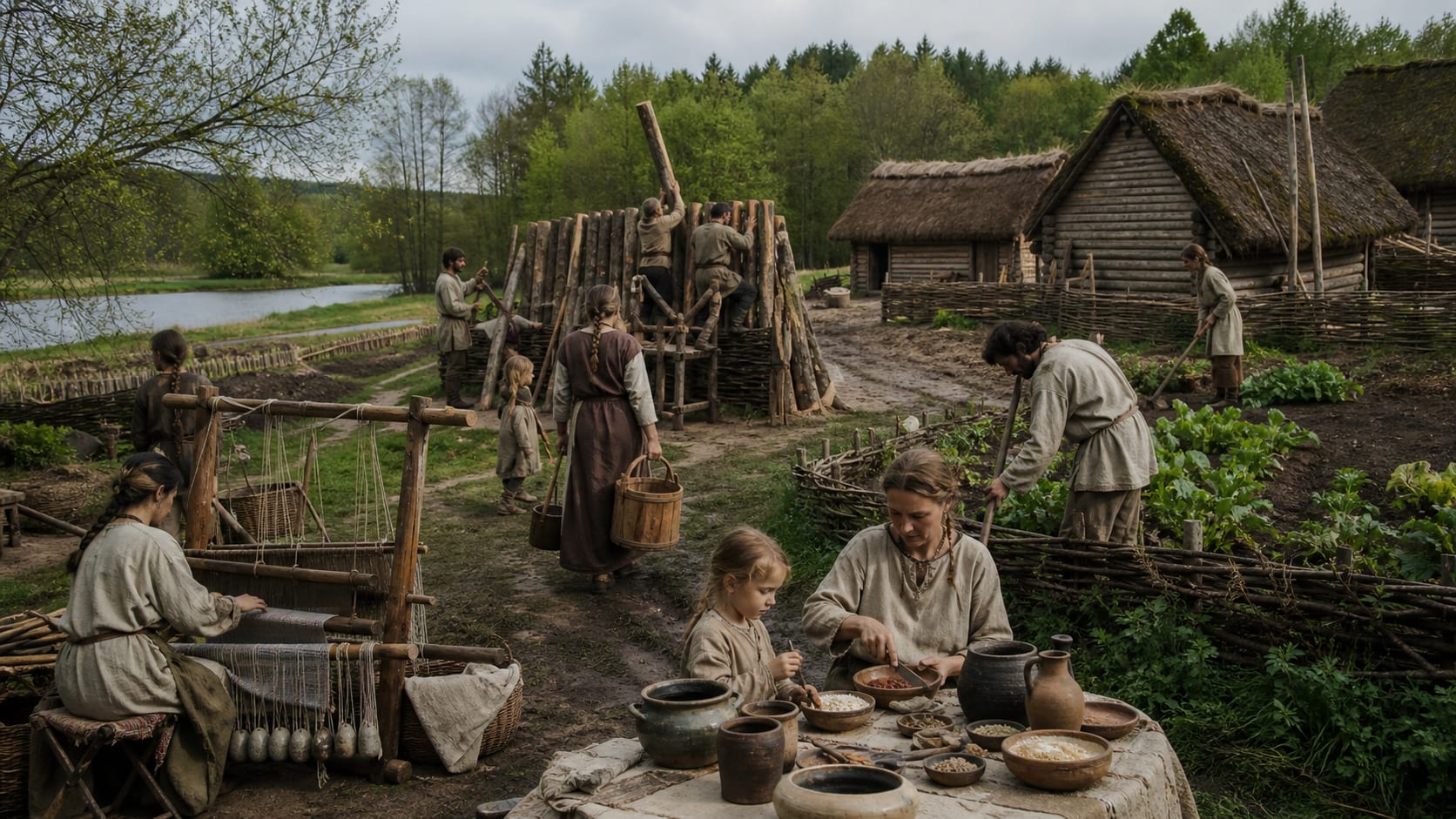 Realistic Early Medieval settlement with families building timber homes, weaving, gardening and using handmade pottery