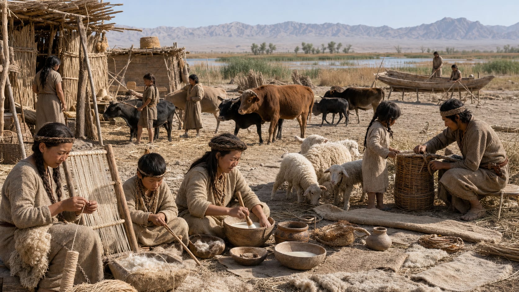 Realistic Bronze Age Tarim Basin community with wool clothing, wooden boat coffin, dairy vessels and desert artifacts