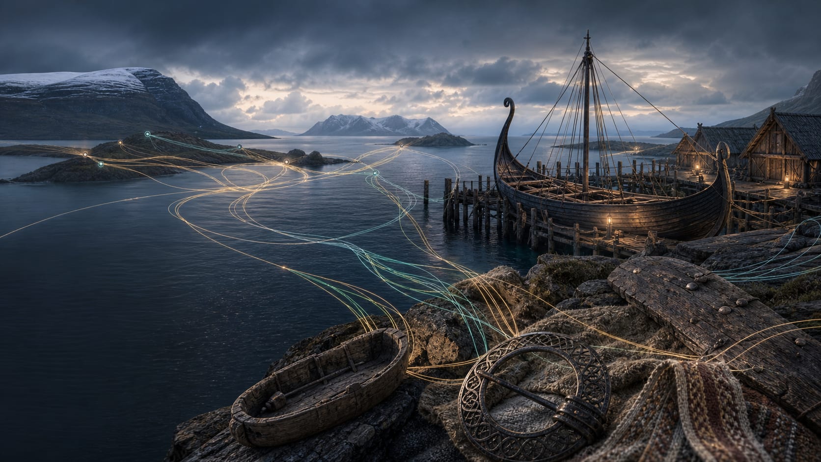 Viking Age Scandinavian harbor with a longship and symbolic population connections across northern seas