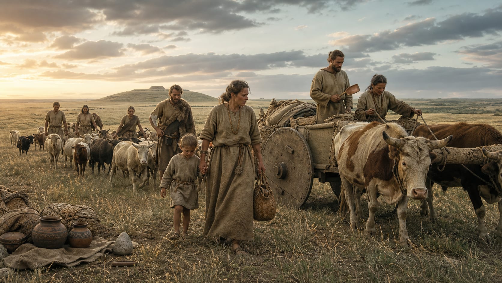 Realistic Bronze Age steppe family beside a wooden wagon, cattle, pottery and a burial mound north of the Black Sea
